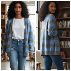 Gap cardigan sweater, blue/gray striped Cotton/cashmere blend size Large NWT